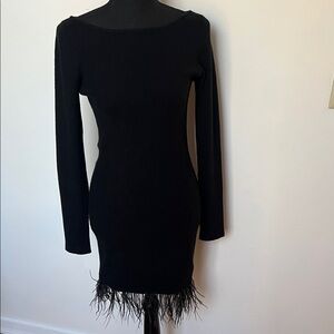 Lovers + Friends Black Long Sleeve Dress with Feather Detail